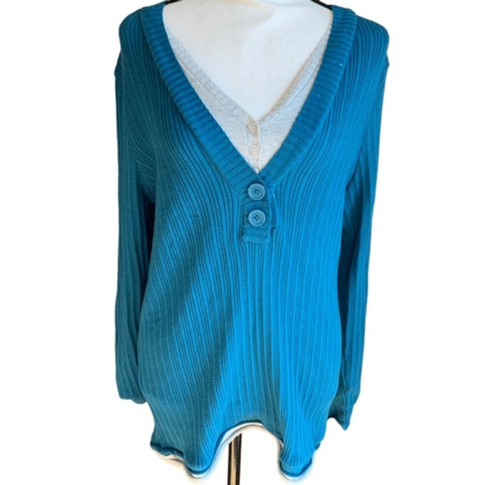 Axcess LagenLook Sweater Buttoned Collar Insert L/S Paris Blue Woman XL‎ NWT